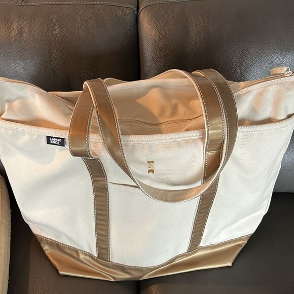 Land's End canvas tote extra large natural long handle Rose Gold embroidery "R" - Picture 12 of 13